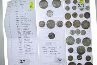 Collection of pre-1947 coins stuck down and identified on card, gross weight including card 292 gram