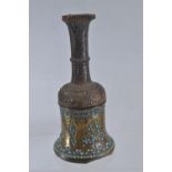 C19th Persian Qajar brass and carved wood hookah base, set with red & turquoise coloured stones, hei