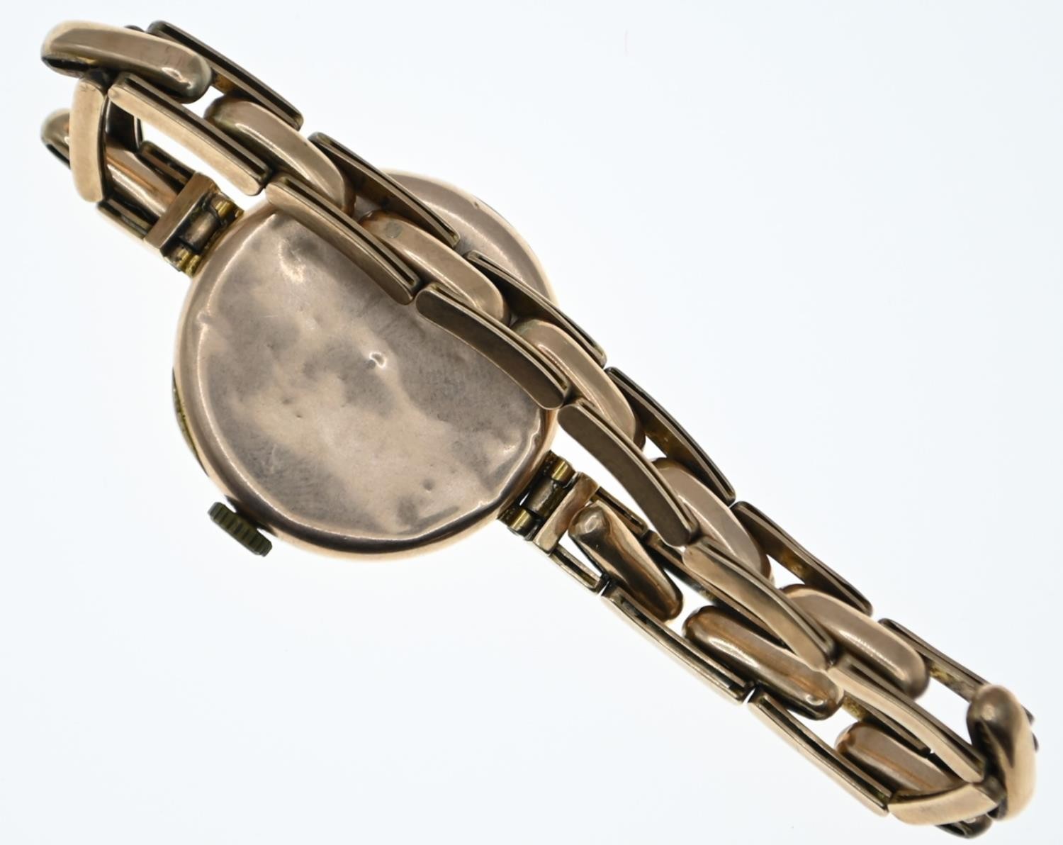 9ct gold cased Rolco wristwatch on 9ct gold sprung strap, diameter of face 24mm, gross weight 21.68  - Image 2 of 4