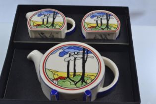 Wedgwood Blue Firs Bonjour,  Bizarre by Clarice Cliff tea set in box with certificate