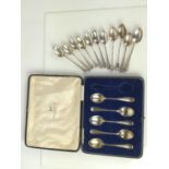 Sixteen silver coffee spoons, including: a set of six by James Deakin & Sons Sheffield 1928; cased p