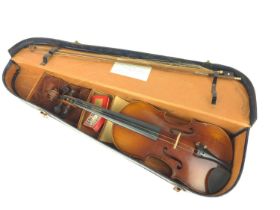 Violin with case and bow, in need of restoration, length 58cm