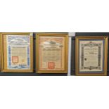 Three framed bond certificates; Chinese Government $20 bond for the Gold Loan of 1912 for £10,000,00