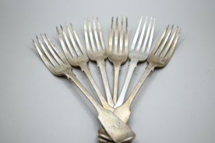 Set of six Victorian silver fiddle pattern dessert forks, Chawner & Co, London 1848, initialled to t