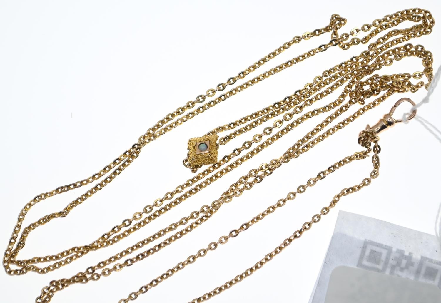 9ct gold double strand watch chain with textured gold opal set pendant, overall length of chain 61cm