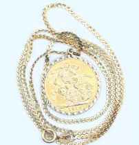 George V 1914 full sovereign in a 9ct gold mount with a 9ct gold neck chain, gross weight 14.3 grams