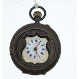 Continental style silver cased pocket watch with enamelled  face and enamelling detail to back with