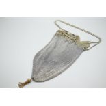 White metal chain mail drawstring bag with tassel. 148g