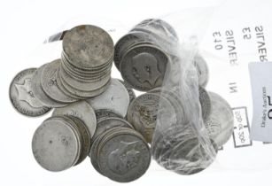 Approx. 50 mostly pre-1920 silver shillings, gross weight 300 grams