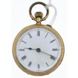 18ct gold cased open faced ladies pocket watch, engine turned engraving to back, dia. of face 32mm,