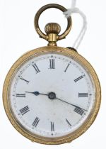 18ct gold cased open faced ladies pocket watch, engine turned engraving to back, dia. of face 32mm,