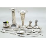 Collection of variously hallmarked silver, including a candlestick (weighted), vase (weighted), sauc