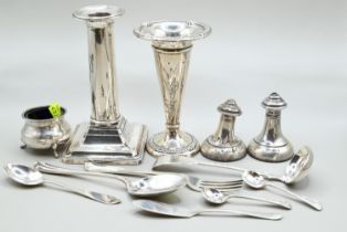 Collection of variously hallmarked silver, including a candlestick (weighted), vase (weighted), sauc