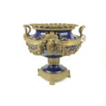 Large Sevres style ornate brass and cobalt blue urn W45cm x H40cm