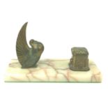 Art Deco brass inkwell with dove on marble base W23 x D10 x H14cm