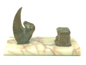 Art Deco brass inkwell with dove on marble base W23 x D10 x H14cm