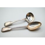 Victorian silver fiddle and thread pattern serving spoon and sauce ladle, Chawner & Co and Elizabeth