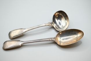 Victorian silver fiddle and thread pattern serving spoon and sauce ladle, Chawner & Co and Elizabeth