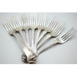 Eight Victorian silver fiddle and thread pattern dessert forks, with armorial to underside of termin