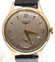 Longines 9ct gold cased gents wristwatch, running, face dia. 35mm, on later crocodile skin strap