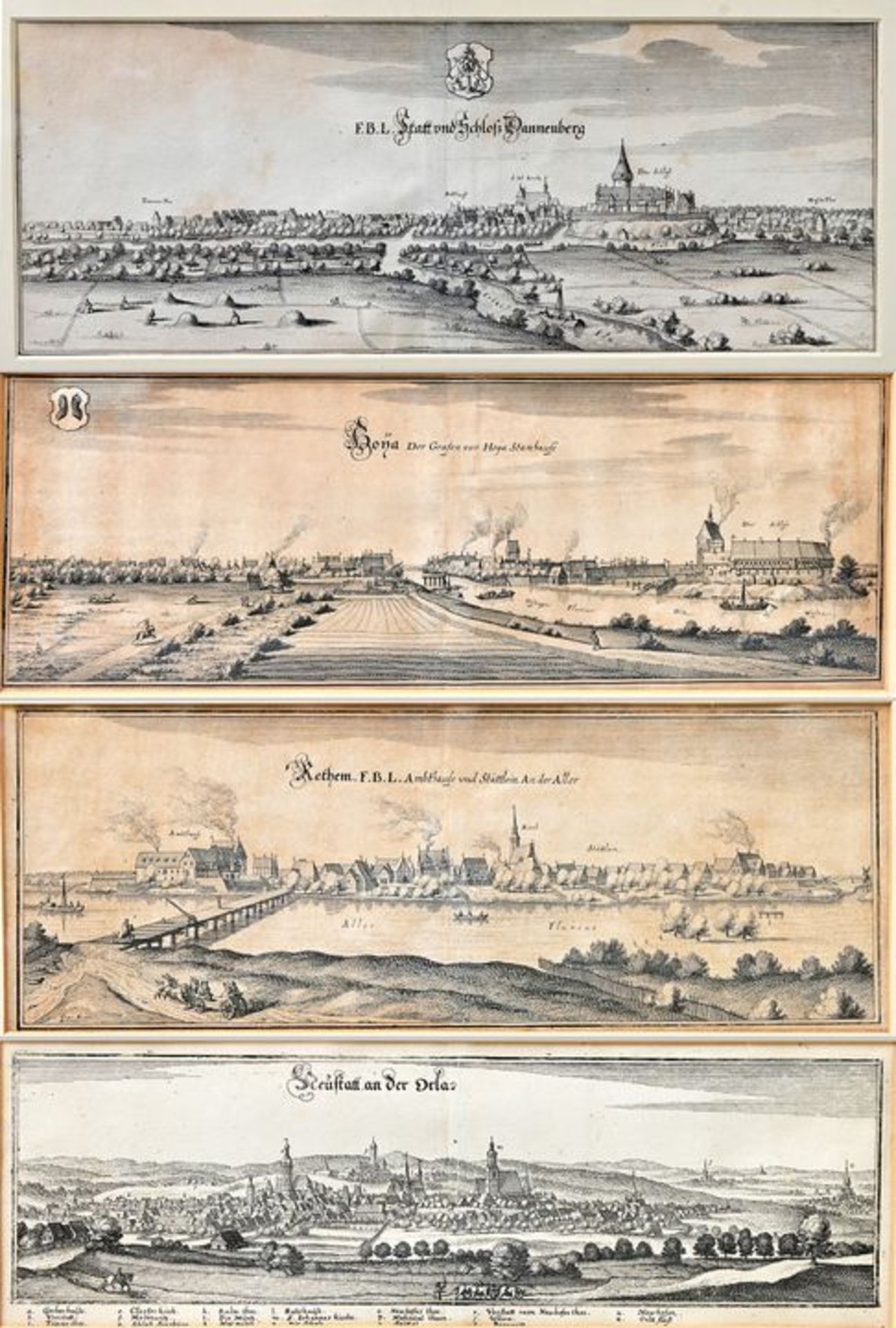 Merian, Acht Stadtansichten im Rahmen / Merian, Eight Views in frame