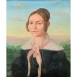 Biedermeierportrait einer jungen Dame mit rosa Halstuch/ pastel