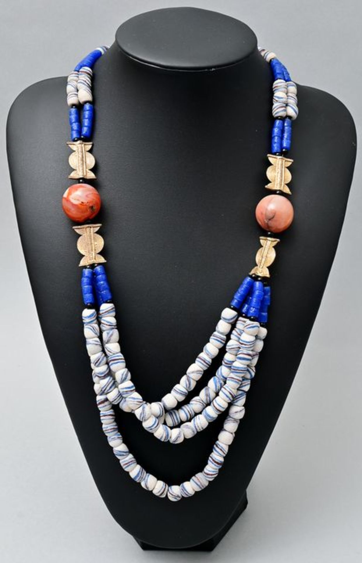 Kette Glasperlen, Karneole, Kupfer vergoldete Schmuckelemente/ necklace