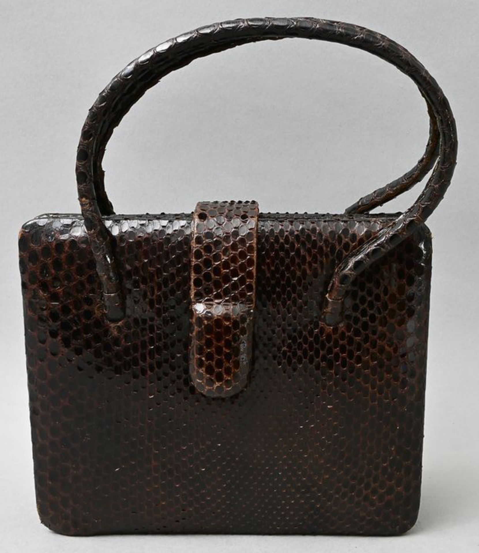 Damenhandtasche, kurze Henkel, schwarzbraune Schlange / Handbag, blackbrown snakeskin