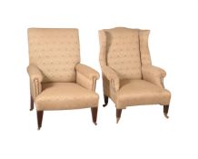 TWO SIMILAR MAHOGANY AND UPHOLSTERED SOFA IN GEORGE III STYLE