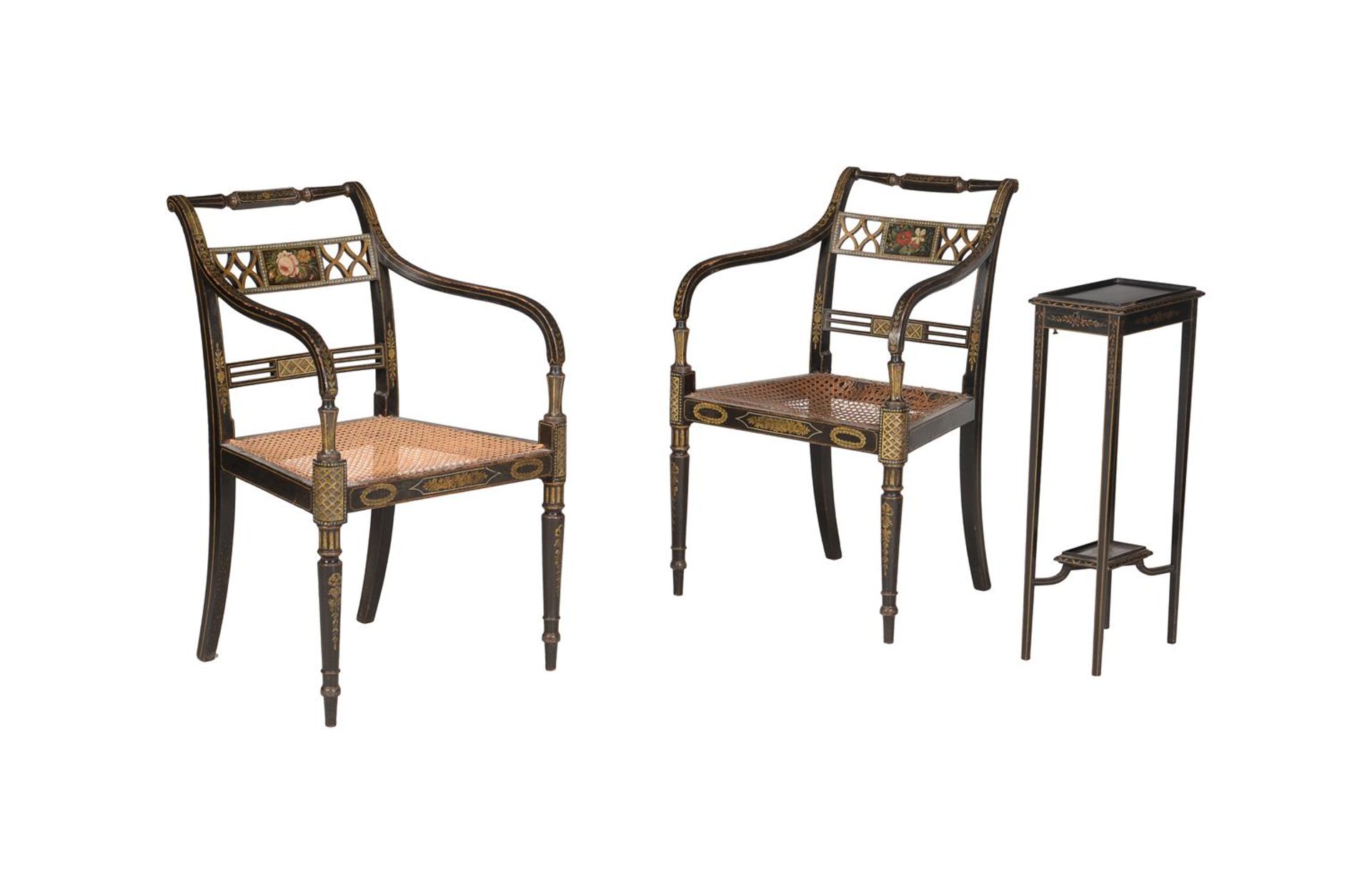 A PAIR OF REGENCY EBONISED, GILT AND POLYCHROME PAINTED ARMCHAIRS