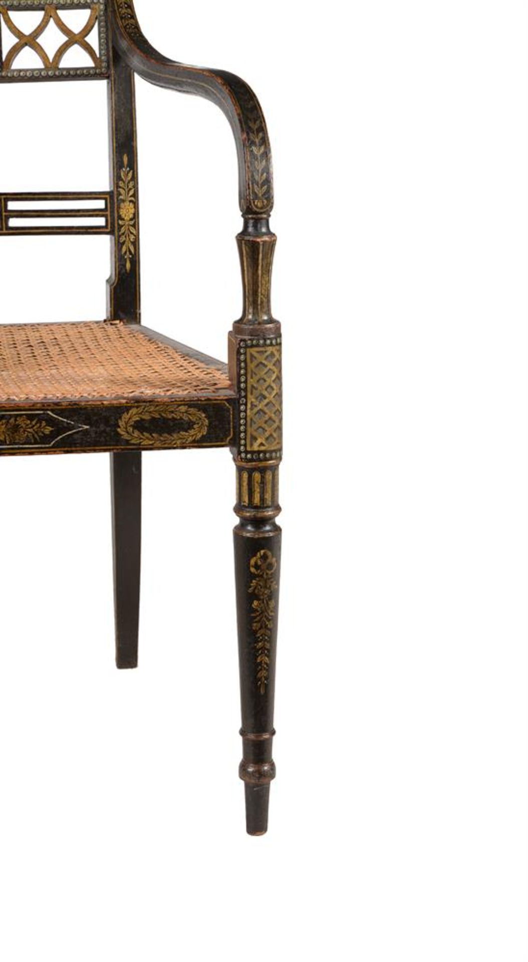 A PAIR OF REGENCY EBONISED, GILT AND POLYCHROME PAINTED ARMCHAIRS - Bild 4 aus 5