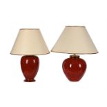 TWO SIMILAR MODERN LOUIS DRIMMER SIMULATED RED MARBLE TABLE LAMPS