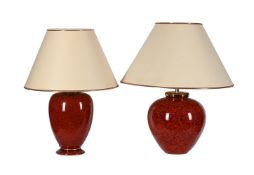 TWO SIMILAR MODERN LOUIS DRIMMER SIMULATED RED MARBLE TABLE LAMPS