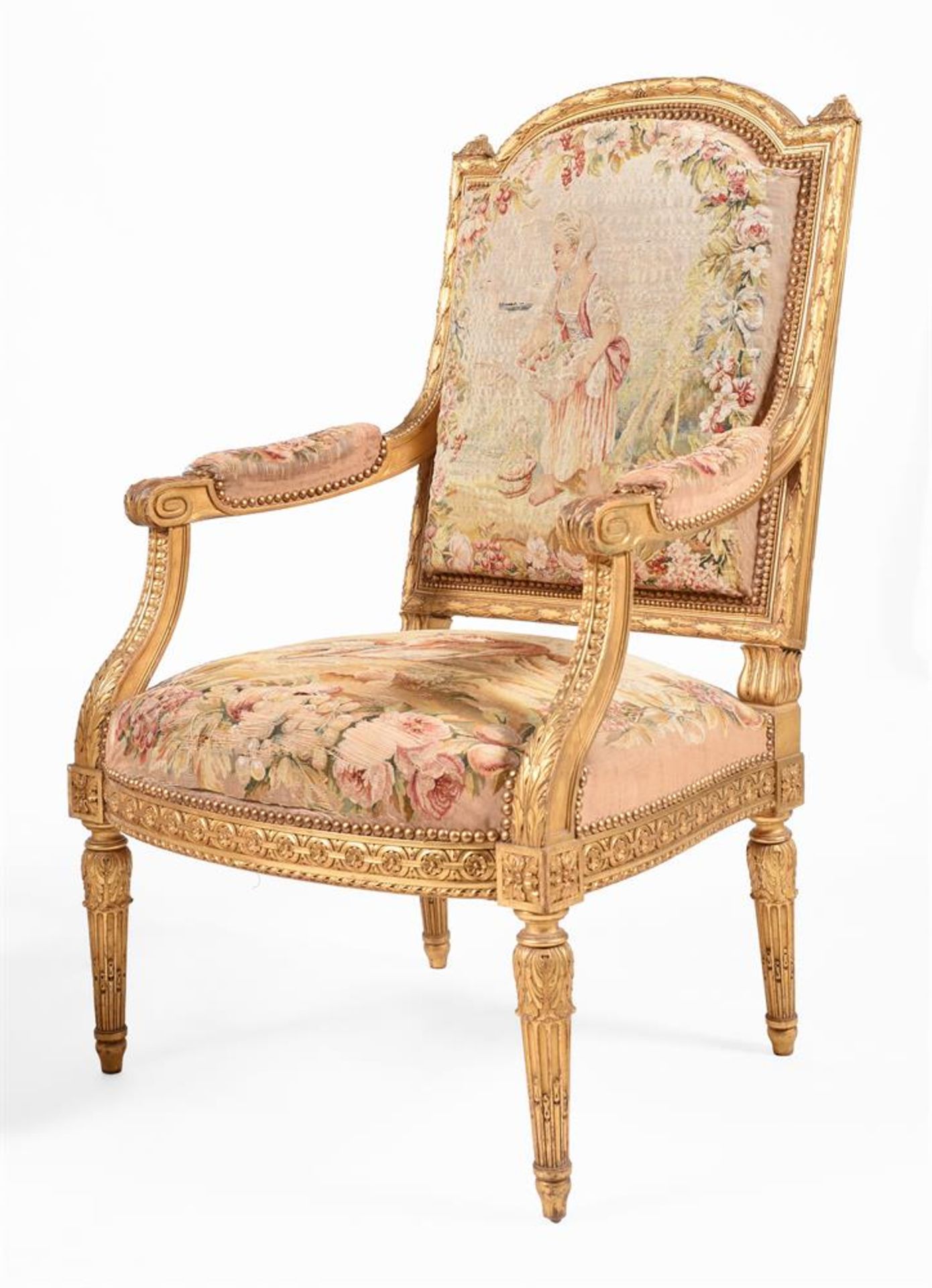 A FRENCH TRANSITIONAL AUBUSSON UPHOLSTERED GILTWOOD SALON SUITE, IN LOUIS XVI STYLE - Image 7 of 10