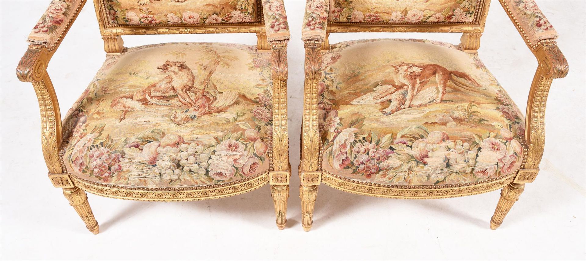 A FRENCH TRANSITIONAL AUBUSSON UPHOLSTERED GILTWOOD SALON SUITE, IN LOUIS XVI STYLE - Image 5 of 10