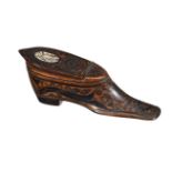 A BOXWOOD AND INLAID SNUFF BOX IN THE FORM OF A SHOE