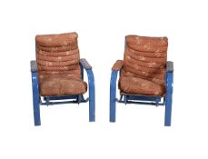 CHRISTIE-TYLER, A PAIR OF TWO BLUE PAINTED ALUMINIUM ARMCHAIRS