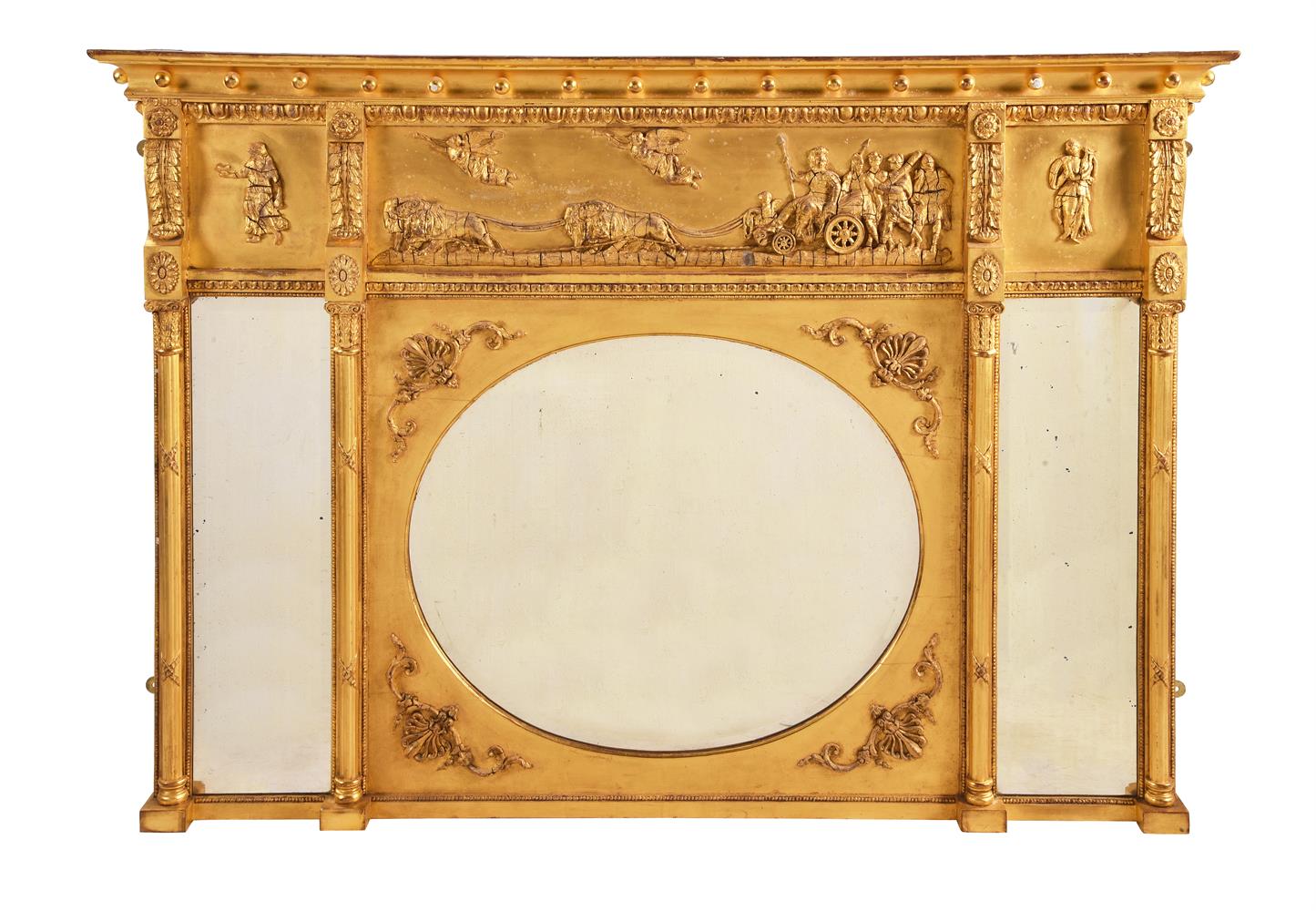 A GILTWOOD AND COMPOSITION OVERMANTEL WALL MIRROR IN REGENCY STYLE