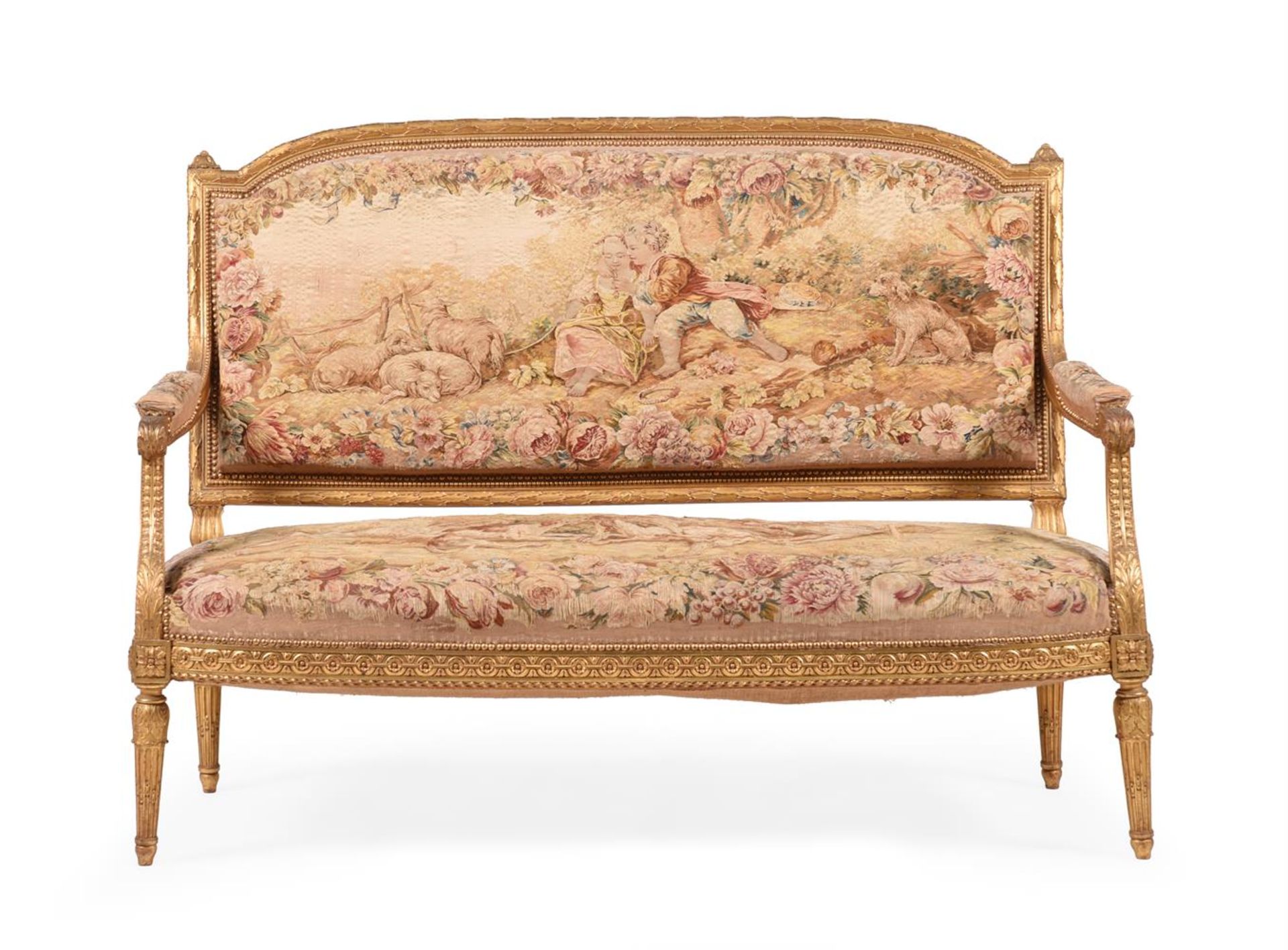 A FRENCH TRANSITIONAL AUBUSSON UPHOLSTERED GILTWOOD SALON SUITE, IN LOUIS XVI STYLE - Image 10 of 10