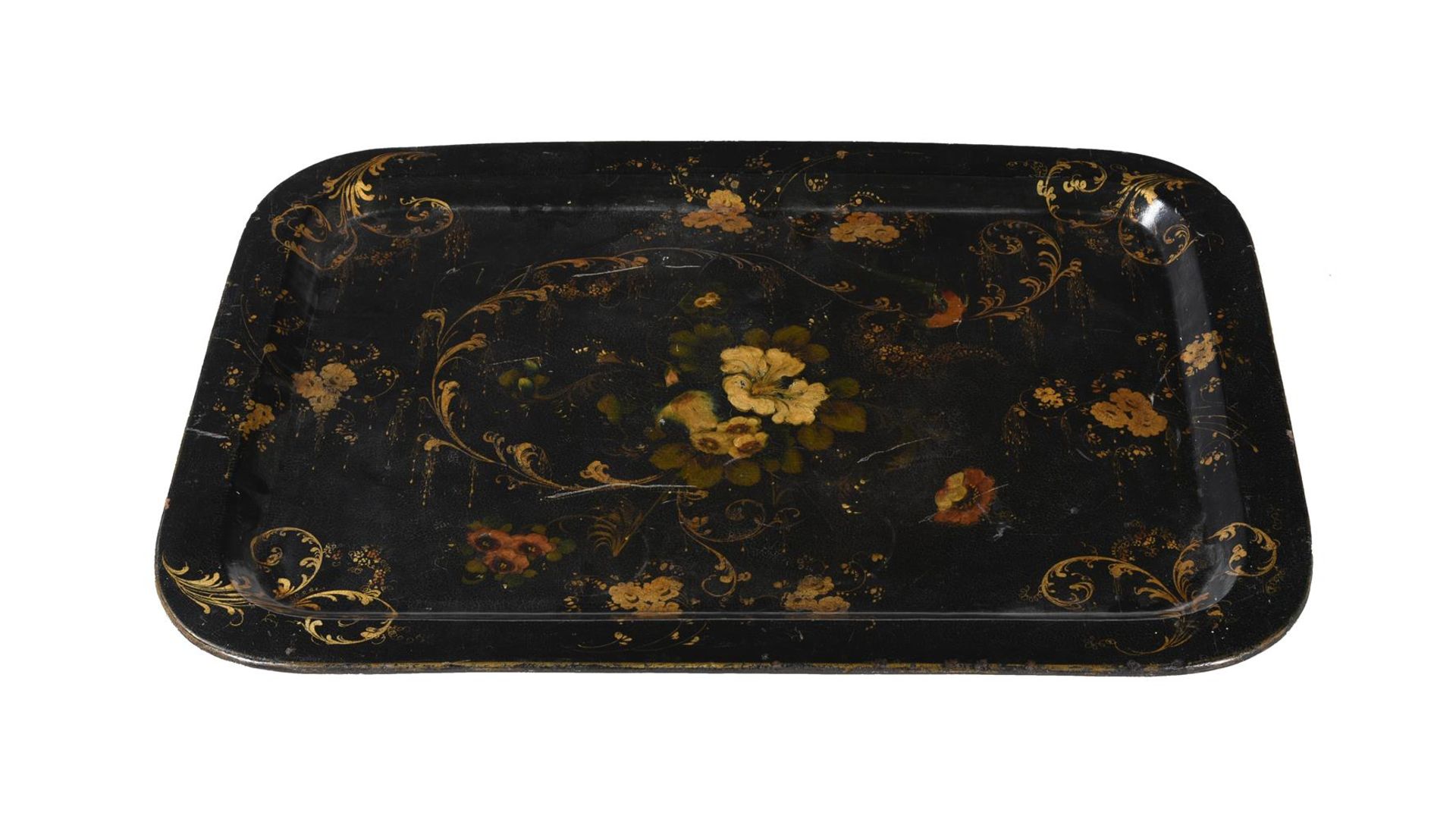 A VICTORIAN PARCEL GILT AND PAINTED BLACK PAPIER MACHE TRAY - Bild 2 aus 2