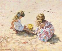 PAUL S. GRIBBLE (BRITISH 20TH CENTURY), GIRLS PLAYING ON THE BEACH WITH BUCKET AND SPADE