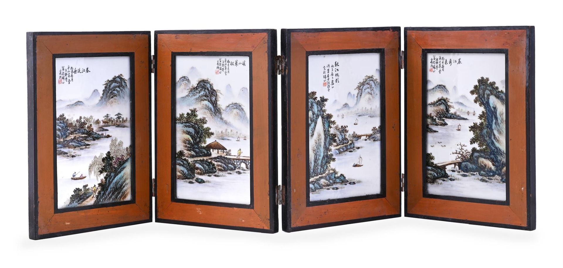 A SET OF FOUR CHINESE ENAMELLED 'LANDSCAPE' PORCELAIN PANELS