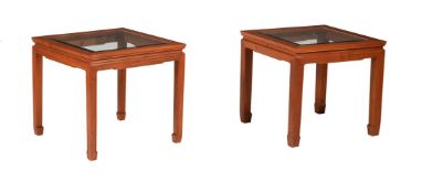 A PAIR OF WOOD AND GLASS SIDE TABLES IN CHINESE STYLE
