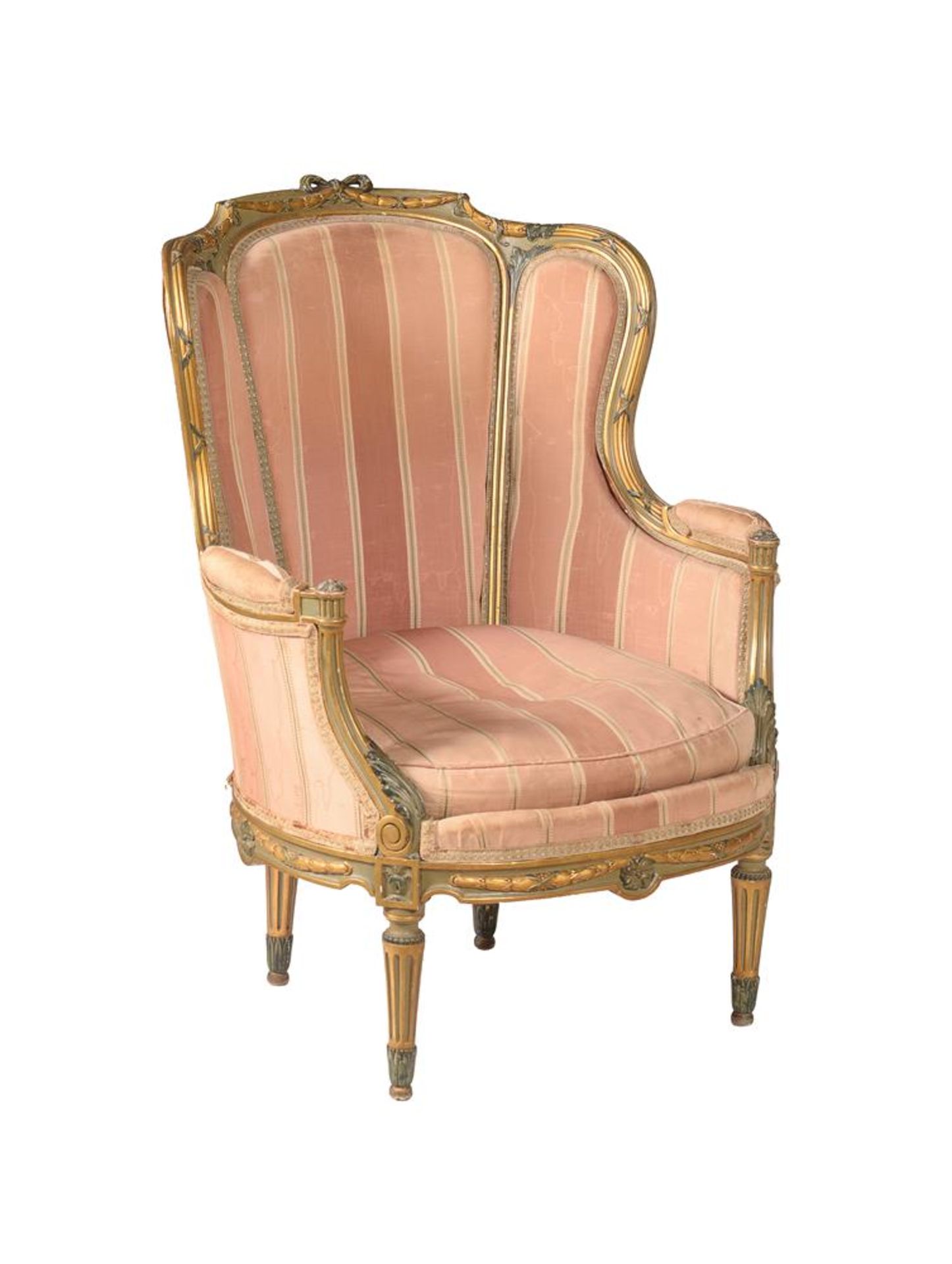 A FRENCH GREEN PAINTED AND PARCEL GILT ARMCHAIR