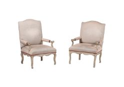 A PAIR OF FRENCH SILVER PAINTED WOOD ARMCHAIRS