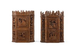 TWO SIMILAR CARVED PEARWOOD AND FRUITWOOD WALL CABINETS IN JAMES I STYLE