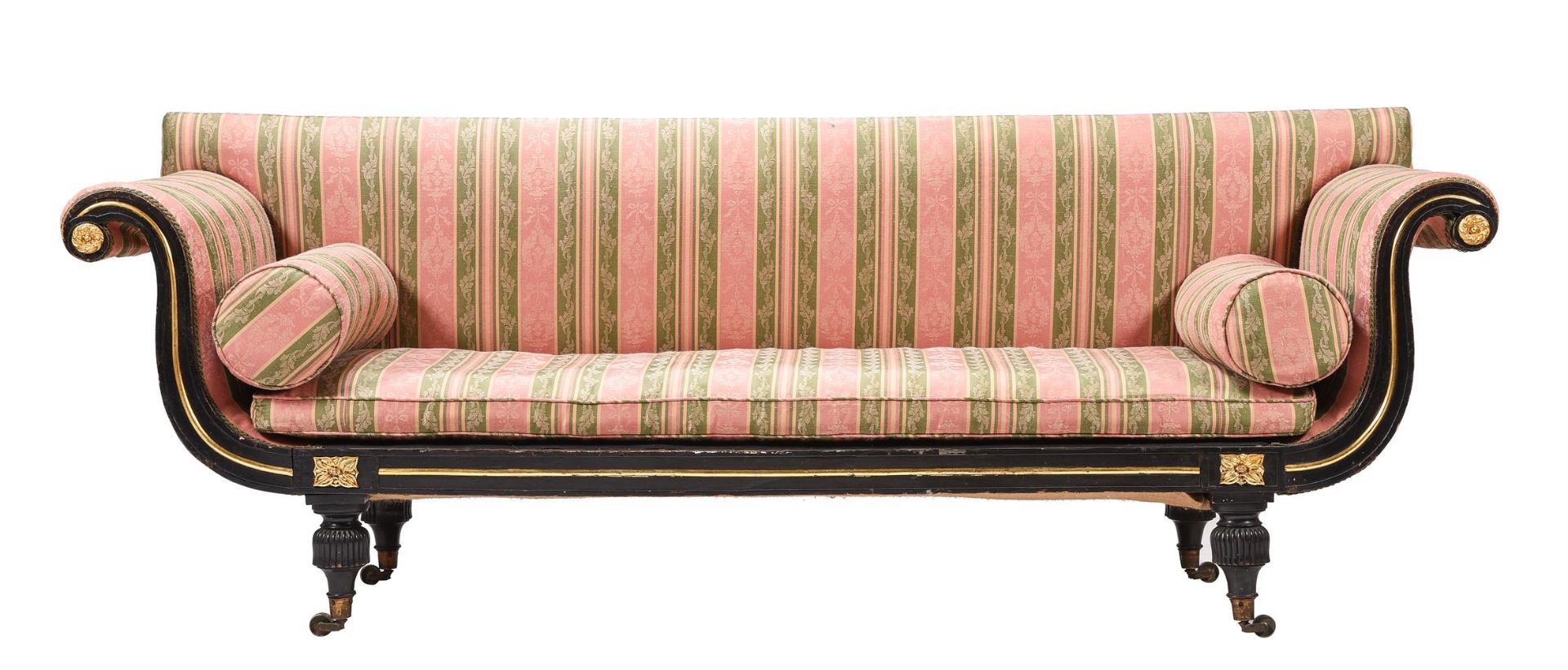 A REGENCY EBONISED AND PARCEL GILT SOFA