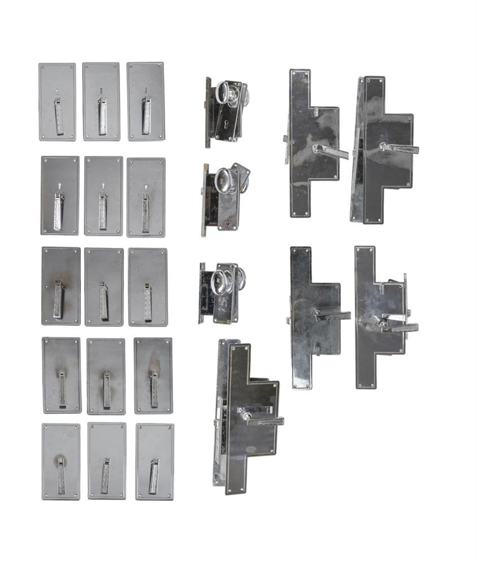 A LARGE COLLECTION OF CHROMED METAL HANDLES, LOCKS, AND DOOR PLATES IN ART DECO STYLE