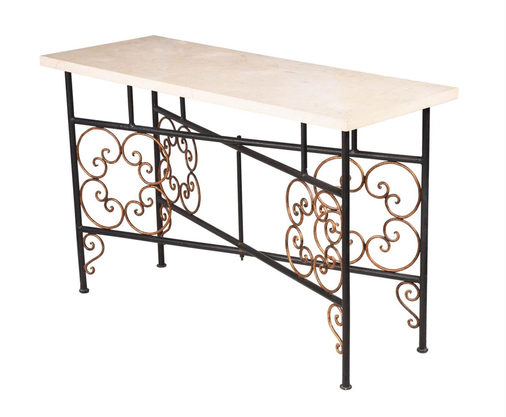 A WROUGHT IRON AND PARCEL GILT LOW TABLEBY CHARLES SAUNDERS