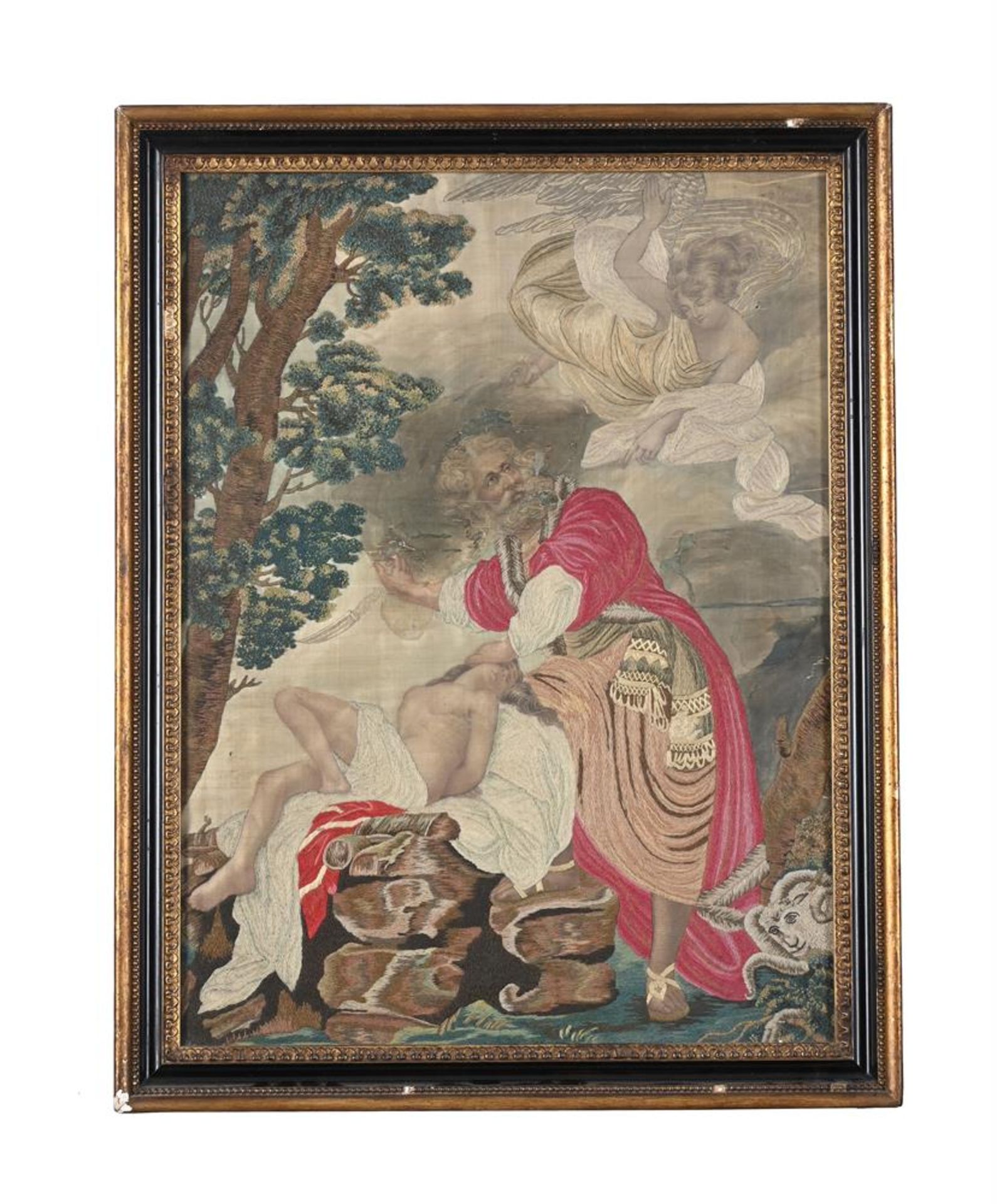 A SILK AND WOOLWORK PICTURE OF THE SACRIFICE OF ISAAC BY ABRAHAM
